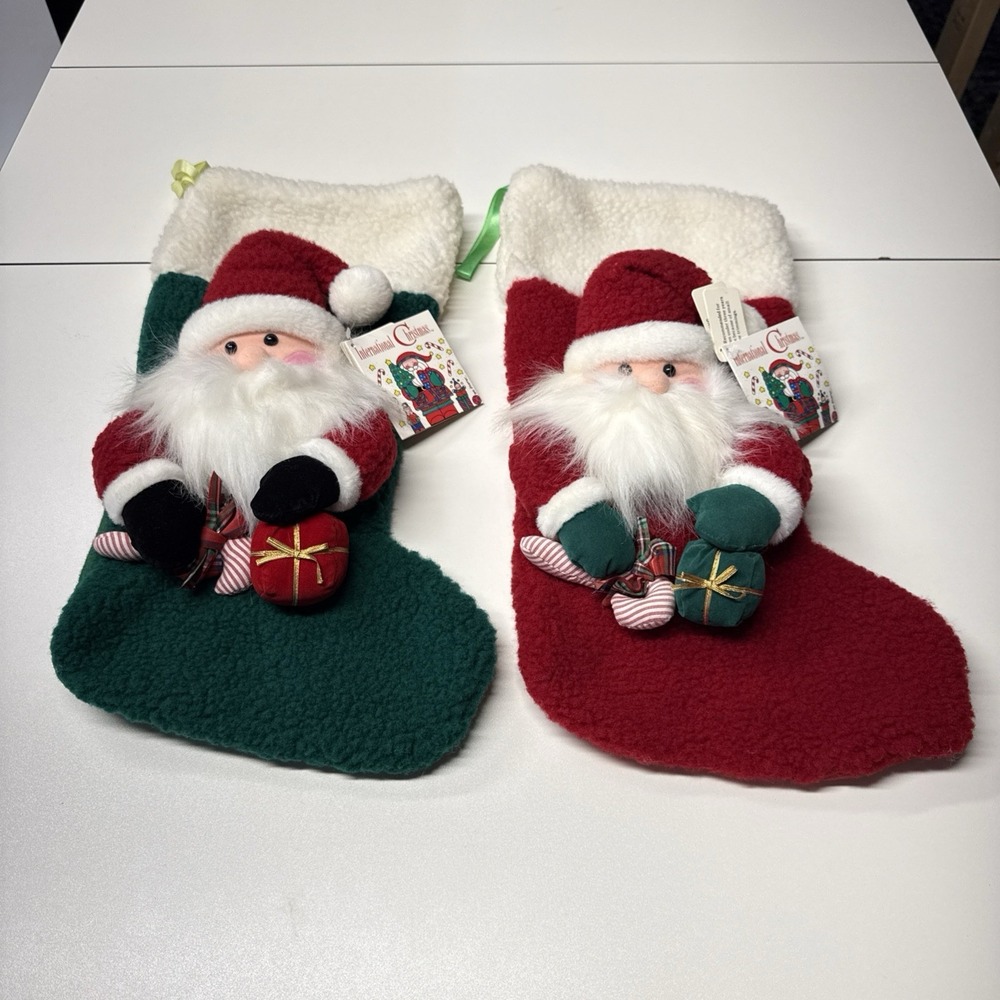 New Lot (2) International Christmas 3D Plush Santa Christmas Stockings Green Red
